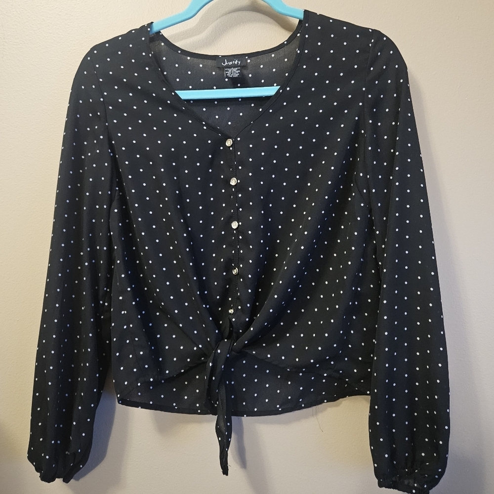 Justify Women's Size S Black Polka Dot Tie Front Blouse